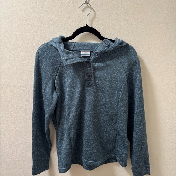 Columbia Tops - Columbia Fleece Lined Knit Button Pullover Hoodie, Blue Heathered